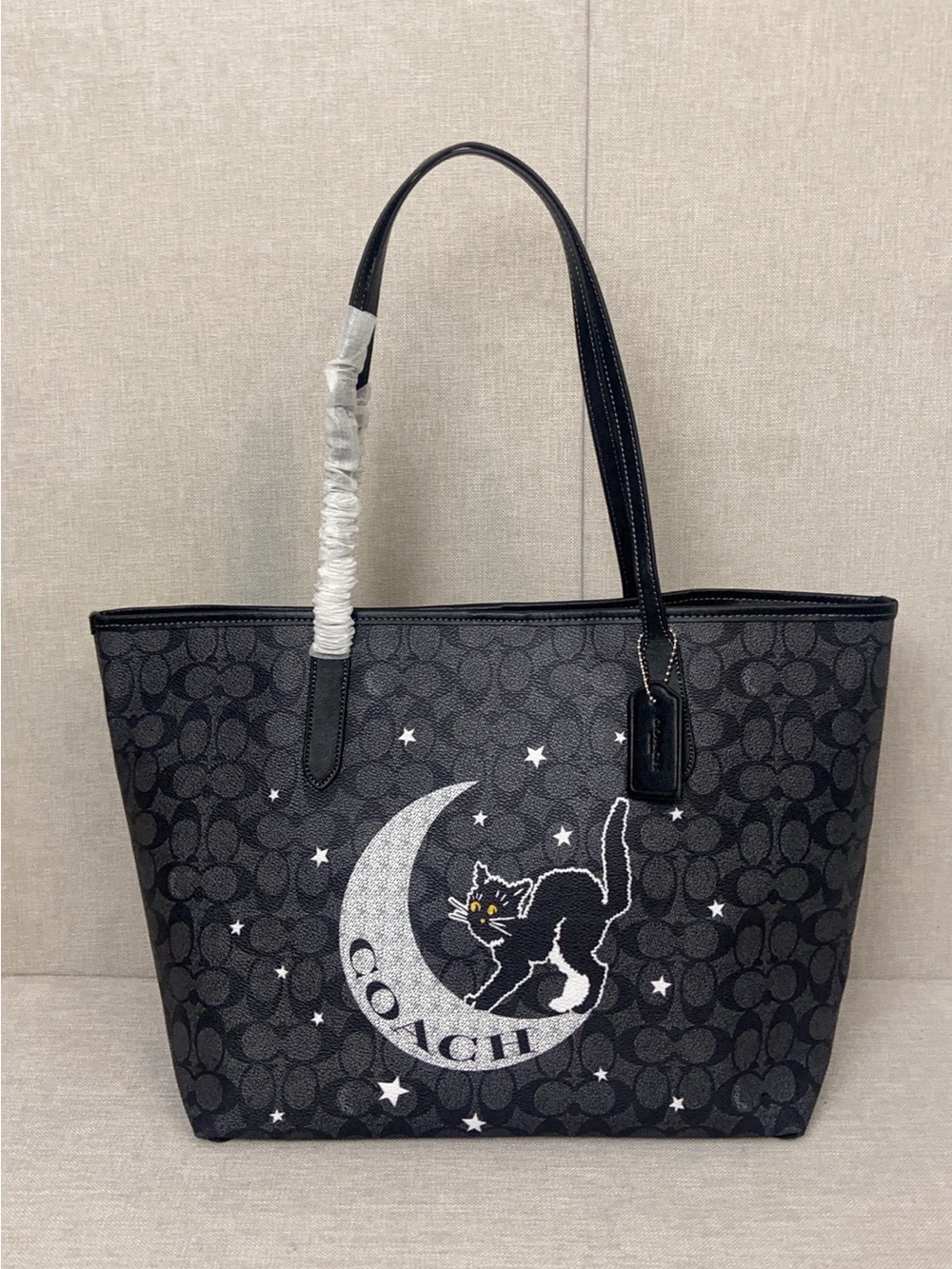 Coach Black Signature Tote with Moon & Cat Motif